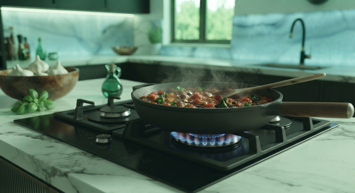 Marble kitchen counter with a pan of vegetables simmering over a gas flame