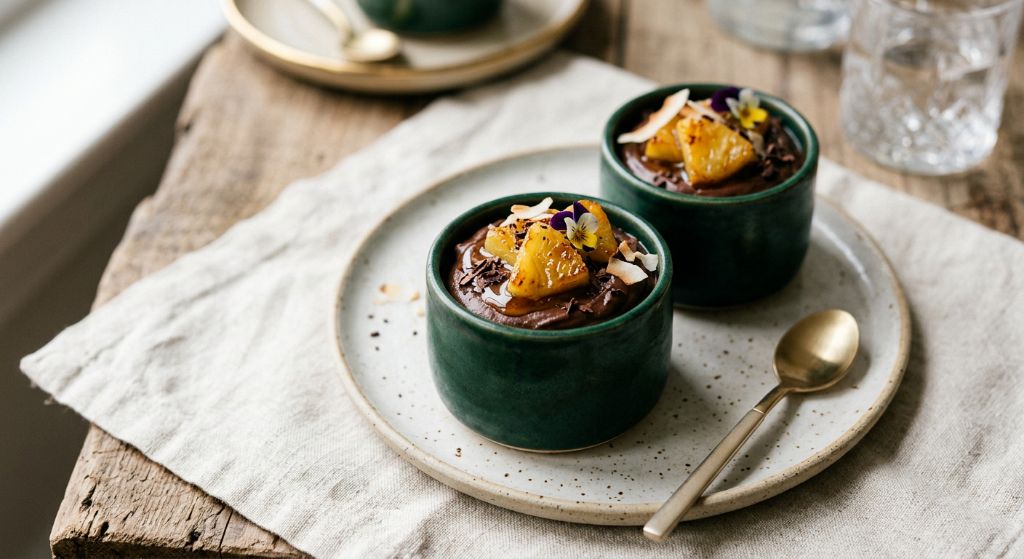 Silken Avocado Cacao Pots with Warm Pineapple