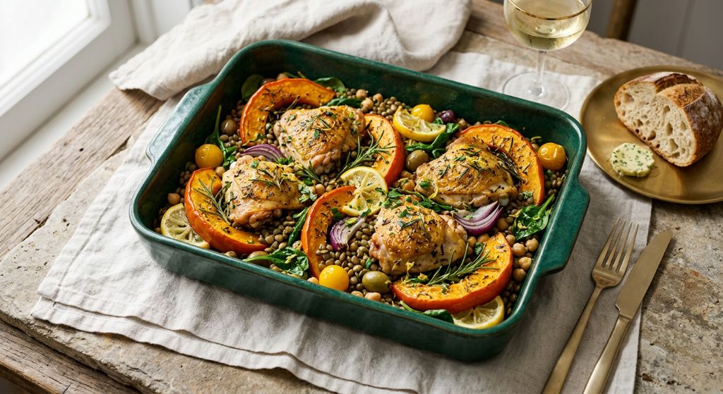 Rosemary Chicken and Pumpkin Traybake with Lemon Lentils