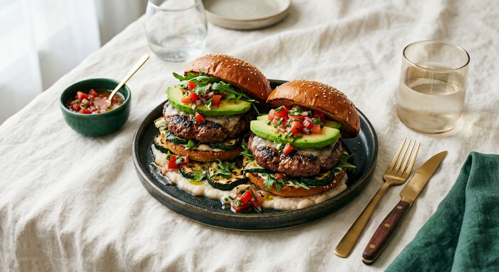 Grilled Beef Burgers with Avocado and Charred Zucchini