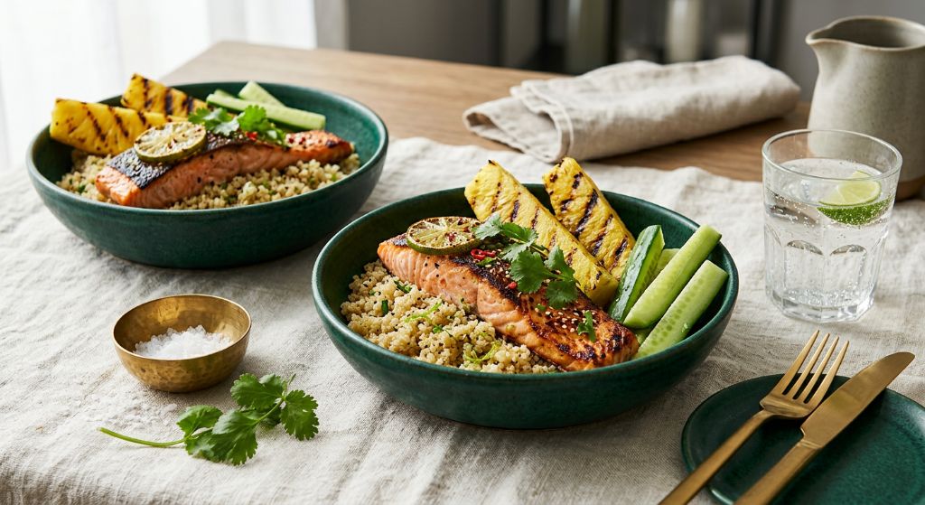 Lime Salmon Bowls with Grilled Pineapple and Cucumber