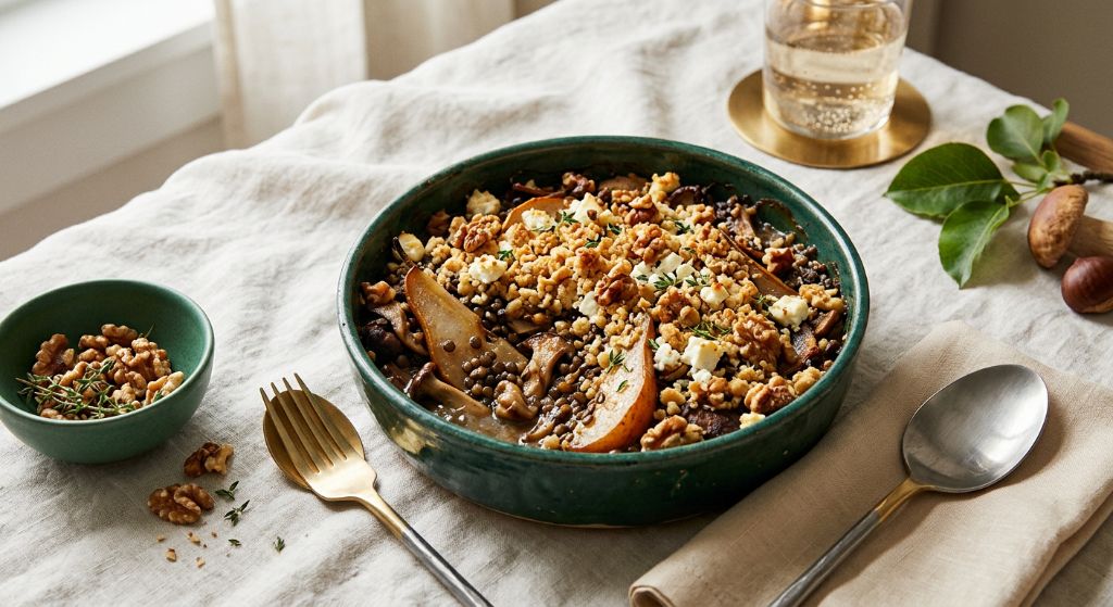 Pear, Mushroom and Lentil Bake with Walnut Feta
