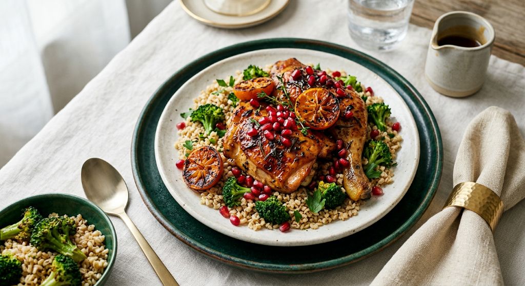 Clementine Chicken with Pomegranate and Bulgur
