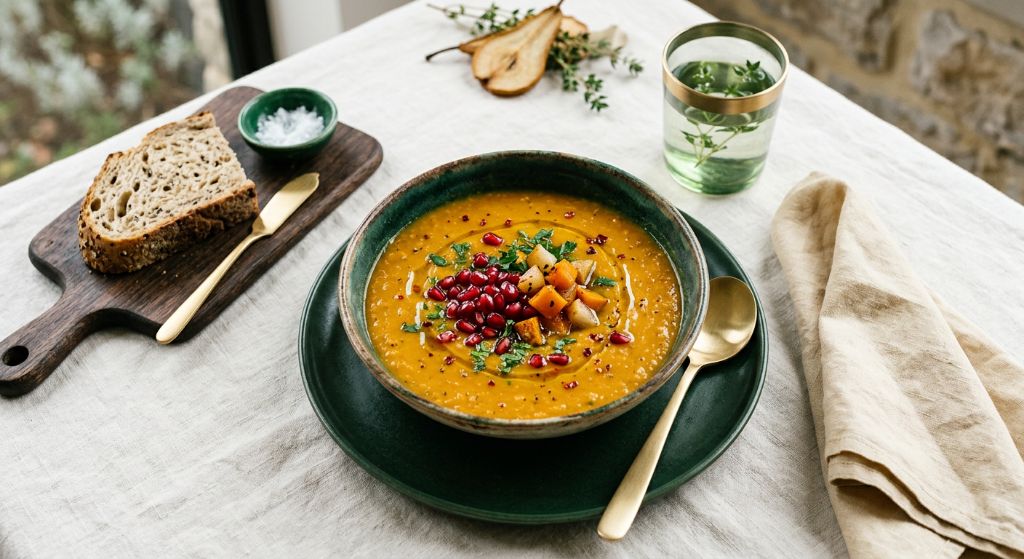Pumpkin, Pear and Red Lentil Bowl with Pomegranate