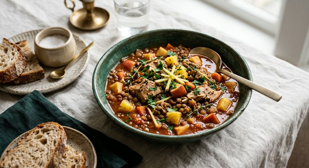 Gingered Turkey and Lentil Stew with Orchard Fruit