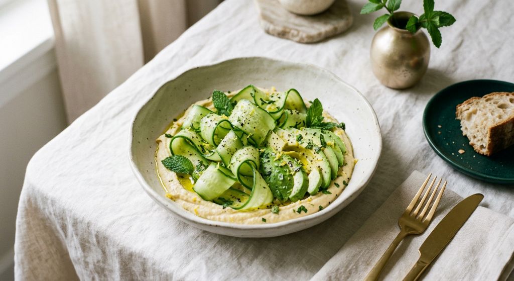 Avocado and Cucumber Ribbons with Lemon Chickpea Cream