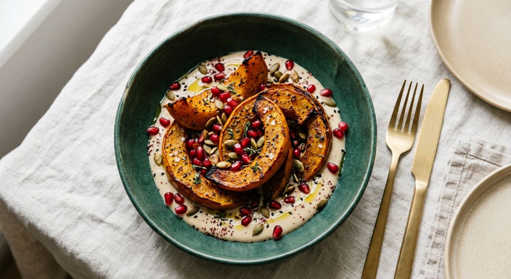 Roasted Delica Pumpkin with Pomegranate and Tahini
