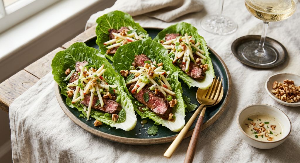 Seared Beef Lettuce Cups with Apple and Walnut Slaw