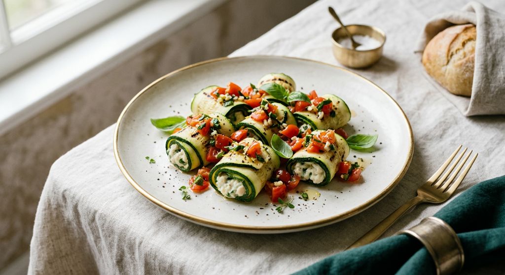 Zucchini Rolls with White Bean Cream and Basil