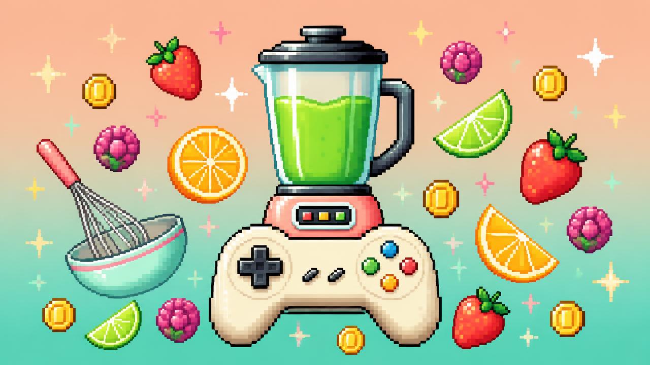 Pixel-art blender and game controller surrounded by fruit and vegetables