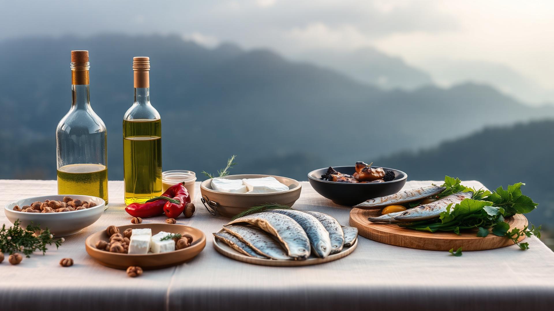 Balkan table with roasted peppers, olive oil, herbs and white brine cheese