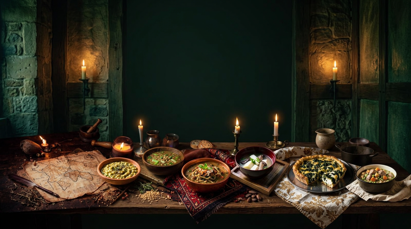 A long table of historical dishes lit by candlelight, from ancient grain bowls to Renaissance tarts