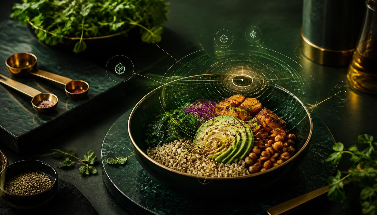 Clean Mediterranean grain bowl styled on marble with brushed gold cutlery