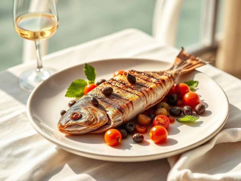 Grilled Lampuki with Caper, Tomato & Mint Salsa