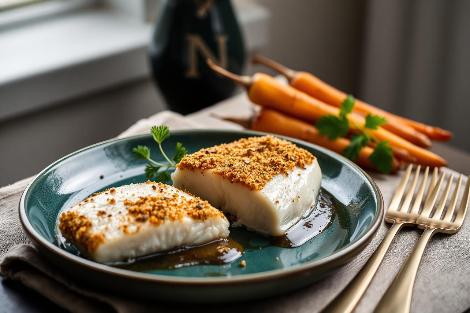 Baked Cod with Mustard-Herb Crust & Root Vegetables