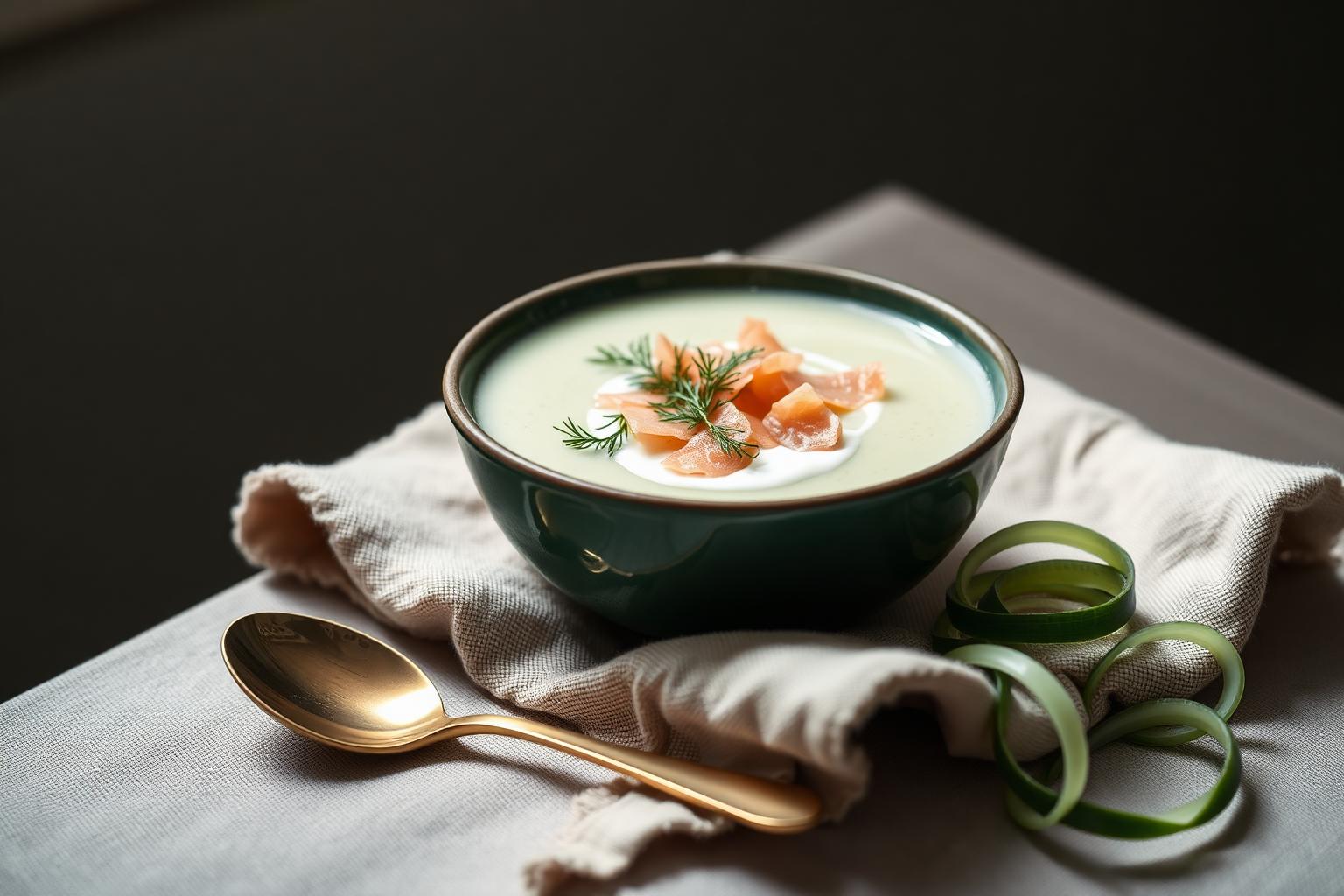 Chilled Cucumber & Dill Soup with Smoked Trout