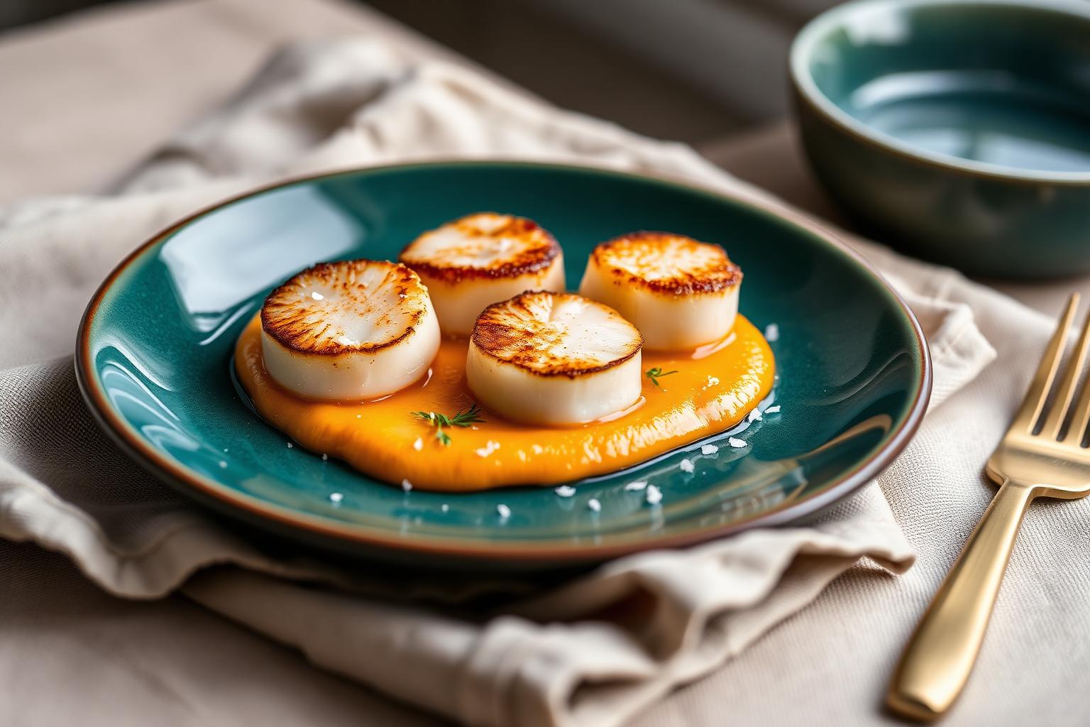 Seared Scallops on Cloudberry & Sea Buckthorn Purée